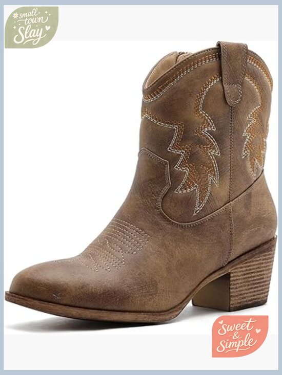 Shoes - Cowgirl Ankle Boots with Stitching Low Heel Side Zipper Memory Foam Pointed Toe